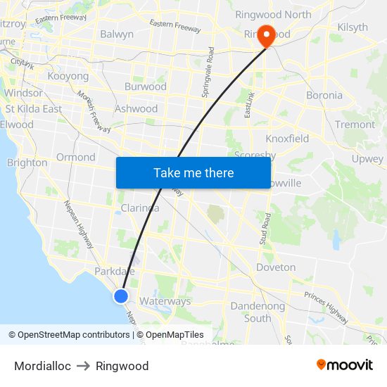 Mordialloc to Ringwood map