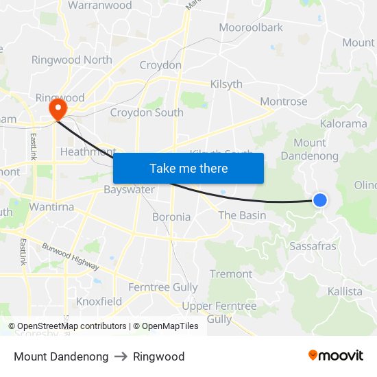 Mount Dandenong to Ringwood map