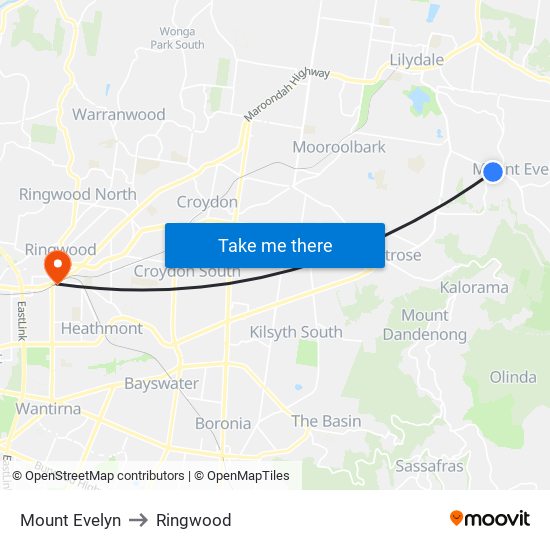 Mount Evelyn to Ringwood map