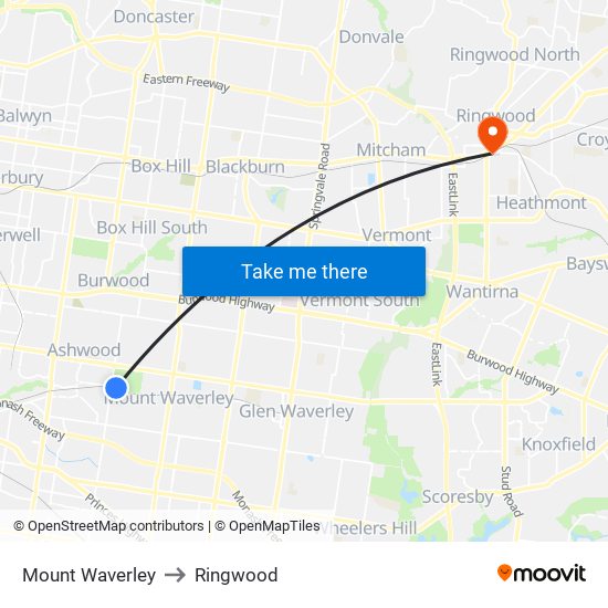 Mount Waverley to Ringwood map