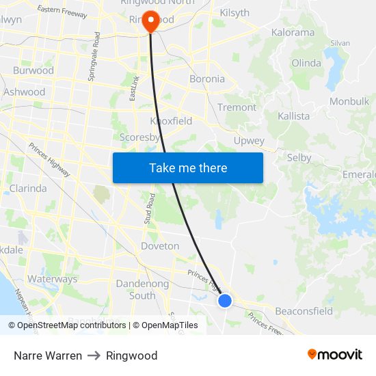 Narre Warren to Ringwood map