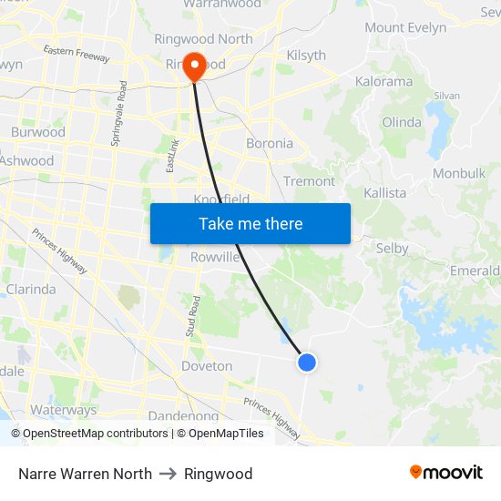 Narre Warren North to Ringwood map