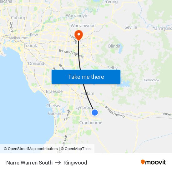 Narre Warren South to Ringwood map