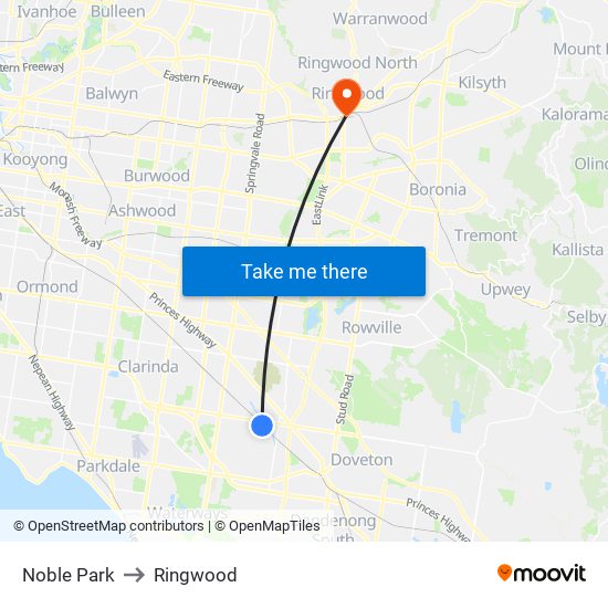 Noble Park to Ringwood map