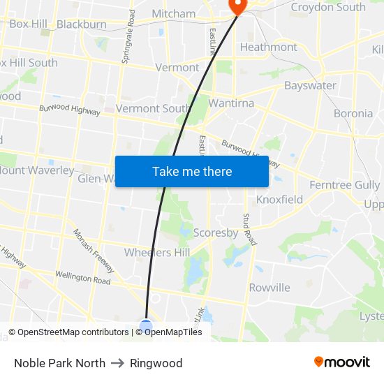 Noble Park North to Ringwood map