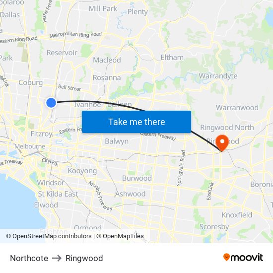 Northcote to Ringwood map