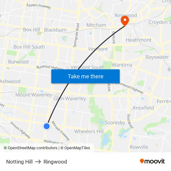 Notting Hill to Ringwood map