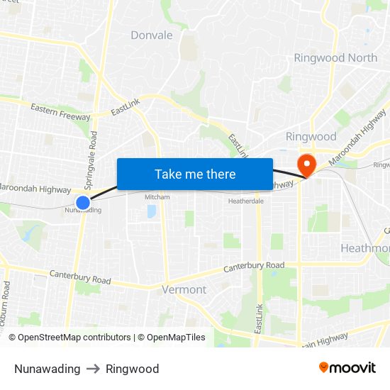 Nunawading to Ringwood map