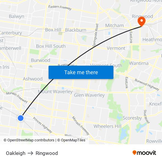 Oakleigh to Ringwood map