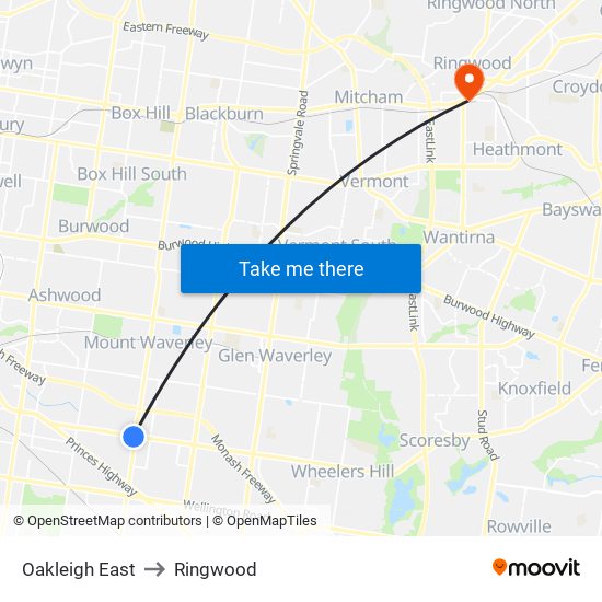 Oakleigh East to Ringwood map