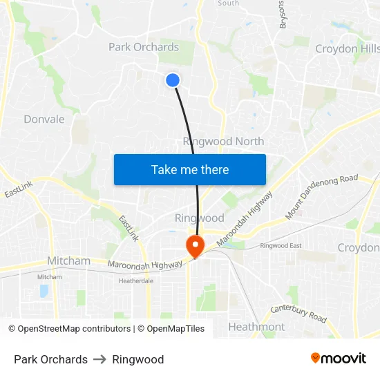 Park Orchards to Ringwood map