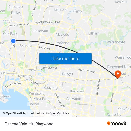 Pascoe Vale to Ringwood map