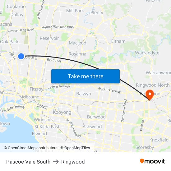 Pascoe Vale South to Ringwood map