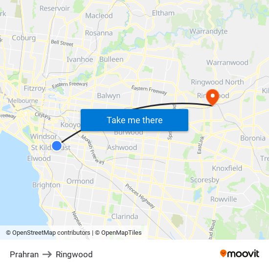 Prahran to Ringwood map