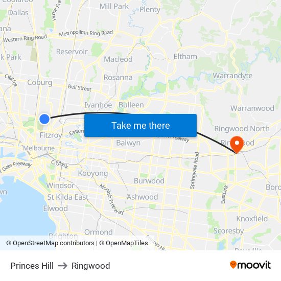 Princes Hill to Ringwood map