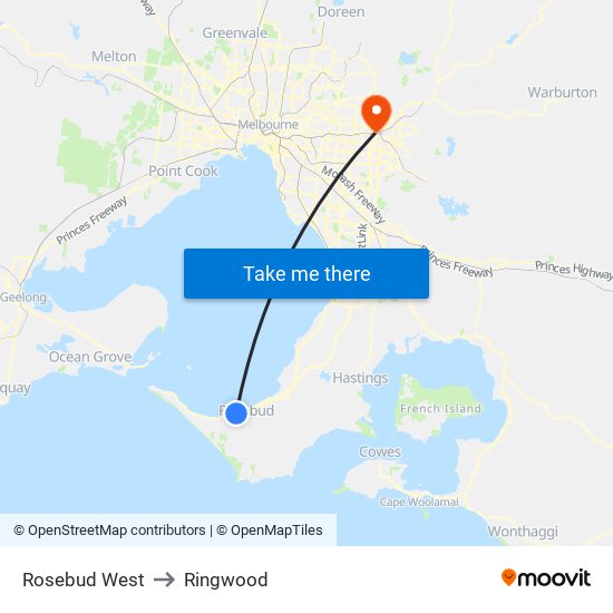 Rosebud West to Ringwood map