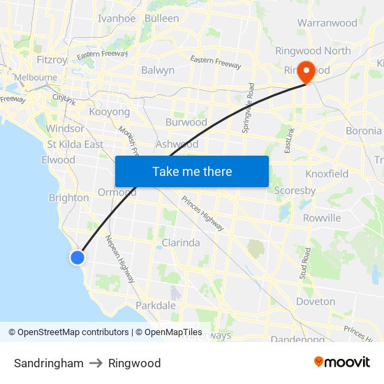 Sandringham to Ringwood map