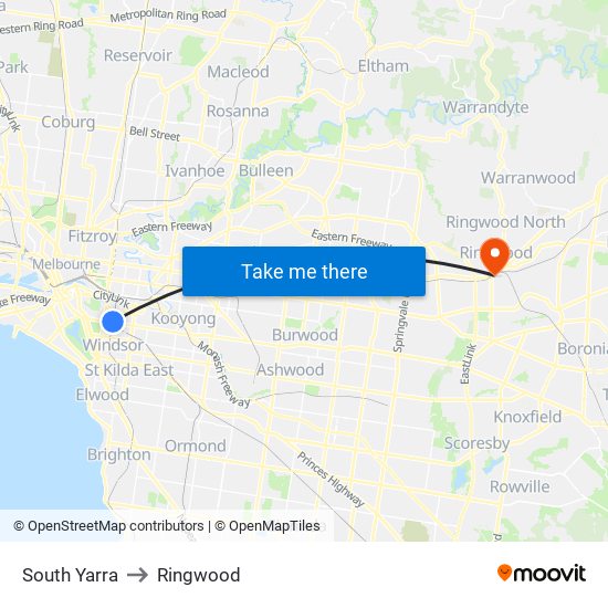 South Yarra to Ringwood map