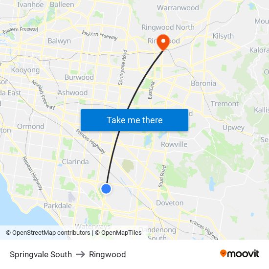 Springvale South to Ringwood map