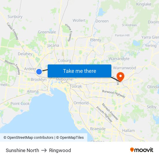 Sunshine North to Ringwood map