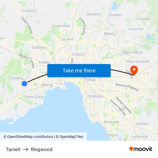 Tarneit to Ringwood map