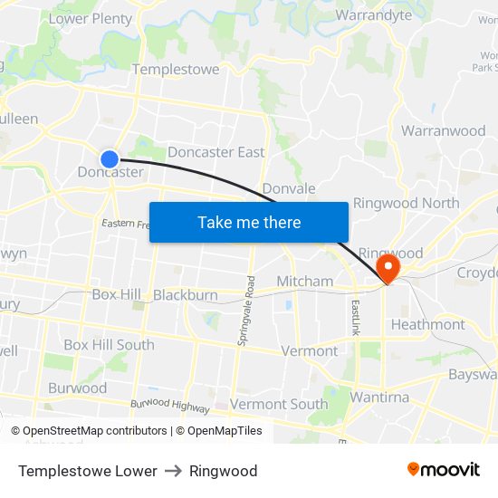 Templestowe Lower to Ringwood map