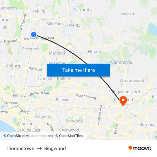 Thomastown to Ringwood map