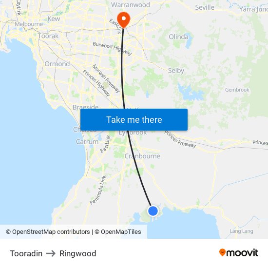 Tooradin to Ringwood map