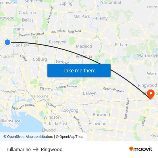 Tullamarine to Ringwood map