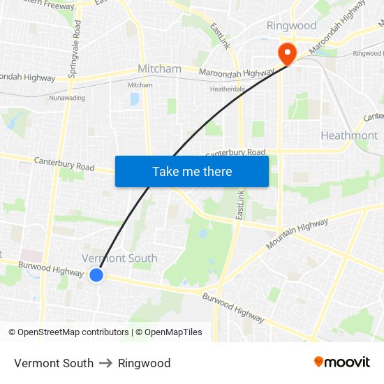 Vermont South to Ringwood map