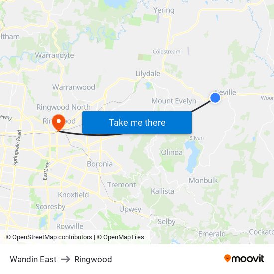 Wandin East to Ringwood map