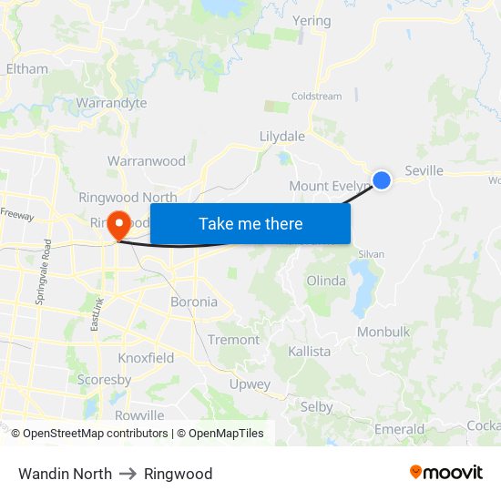 Wandin North to Ringwood map