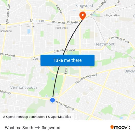 Wantirna South to Ringwood map