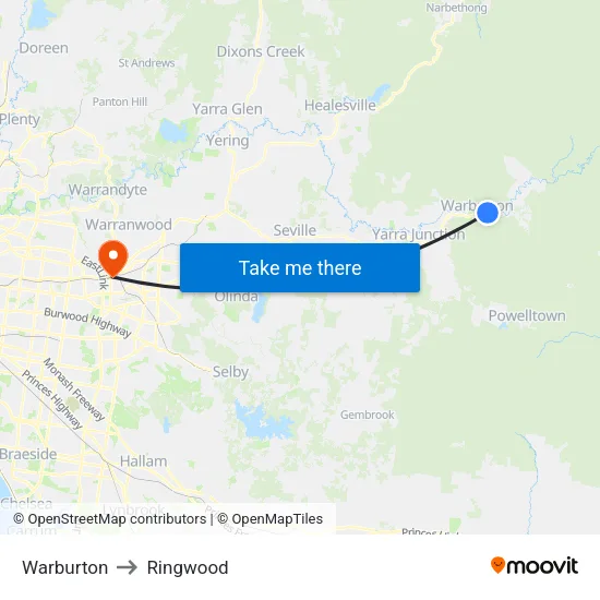 Warburton to Ringwood map