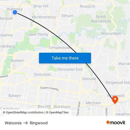 Watsonia to Ringwood map