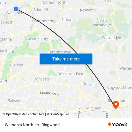 Watsonia North to Ringwood map