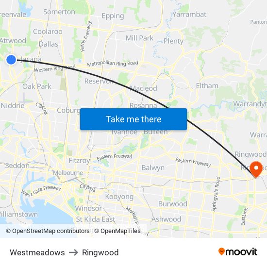 Westmeadows to Ringwood map