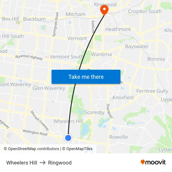 Wheelers Hill to Ringwood map