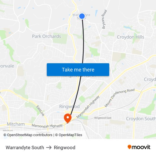 Warrandyte South to Ringwood map
