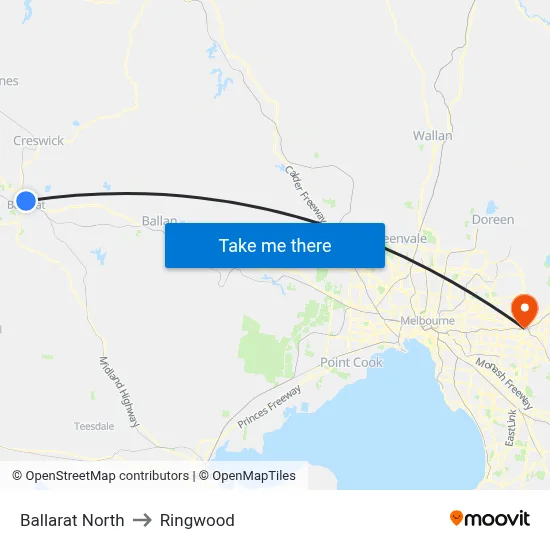 Ballarat North to Ringwood map