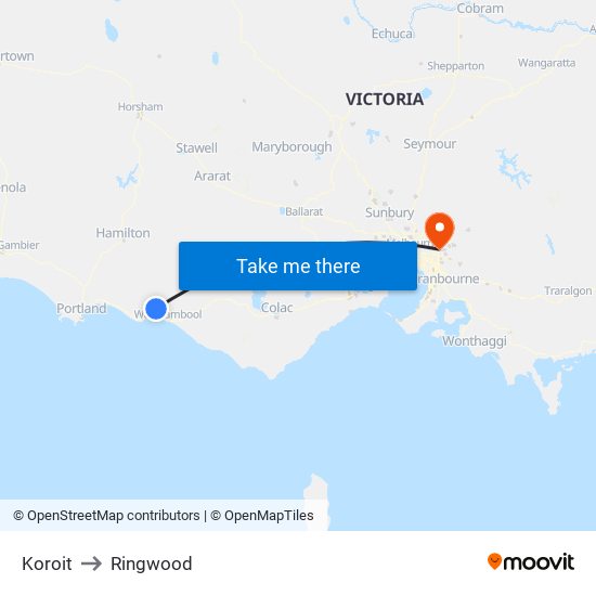 Koroit to Ringwood map