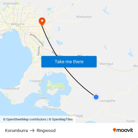 Korumburra to Ringwood map