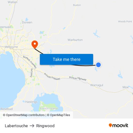 Labertouche to Ringwood map