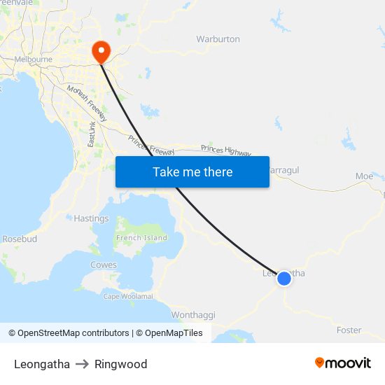 Leongatha to Ringwood map