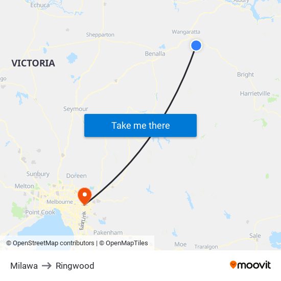 Milawa to Ringwood map