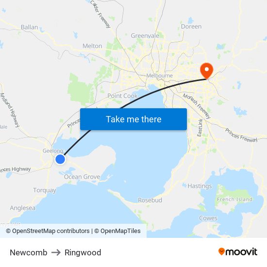 Newcomb to Ringwood map