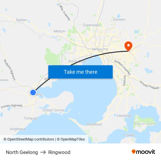 North Geelong to Ringwood map
