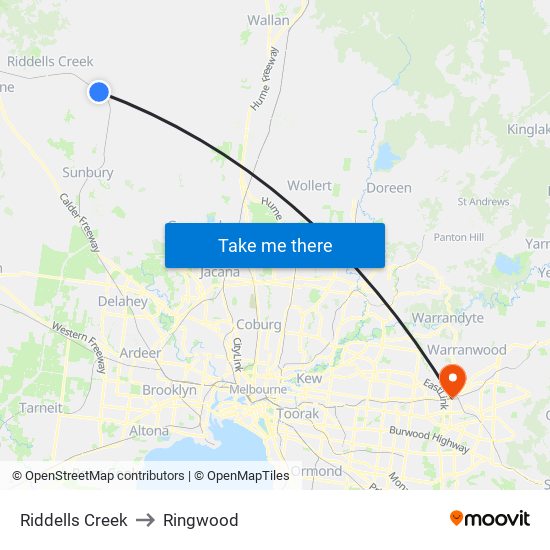 Riddells Creek to Ringwood map