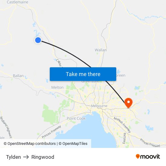 Tylden to Ringwood map