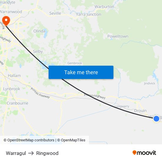 Warragul to Ringwood map